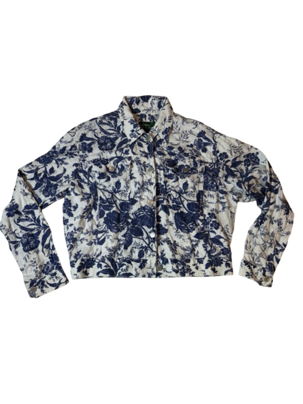 Lauren Ralph Lauren Linen Toile Floral Cropped Trucker Jacket Navy White S